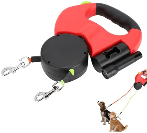 Guinzaglio Retrattile per Cani 10 Piedi, Doppio Senza Grovigli 2 in 1 Con Serratura e Rilascio a Pulsante, Leggero per Cani di Piccola e Grande Taglia (Rosso)