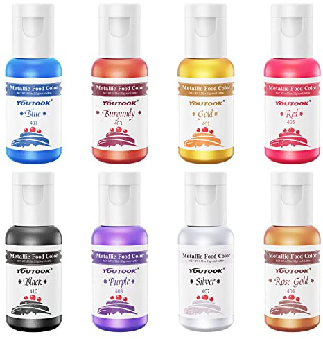 Food Coloring Metallic Color Paint, 8 Colors Most Popular YouTook Metallic Edible Paint for Airbrush Cake Paint, Baking, chocolate, candy, donuts, biscuits, DIY Supplies Kit. 0.53 Fl. Oz Each Bottles