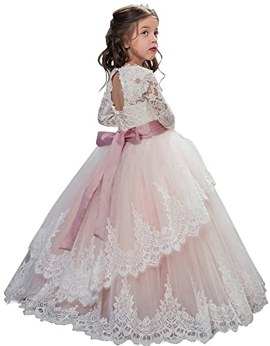 PLWEDDING Vestido de encaje largo con mangas de flores para niña, vestido de princesa de tul para niños, vestido de primera comunión, Rosa., 10-11 años