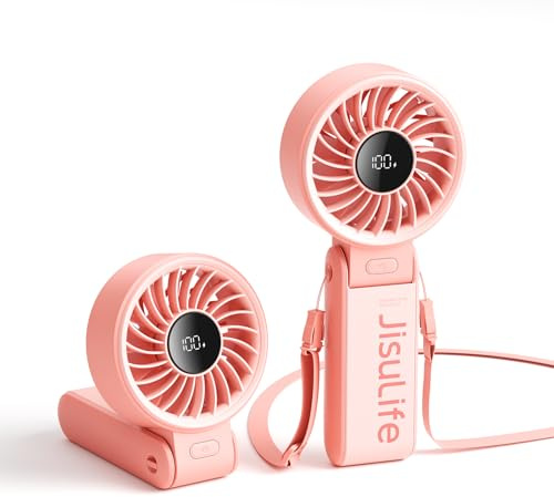 JISULIFE Ventilador de mano, ventilador portátil con pantalla LED [enfriamiento máximo de 19,5 horas] 5000 mAh, plegado a 150 °, 5 velocidades, ventilador de mano/escritorio/cuello 3 en 1, rosa