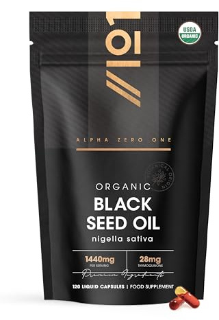 Aceite Negro Orgánico en Cápsulas 1440 mg – 120 cápsulas blandas veganas – Alta concentración 3X% timoquinona – Nigella sativa etíope – Suministro para 2 meses – Aceite virgen prensado en frío – de Al