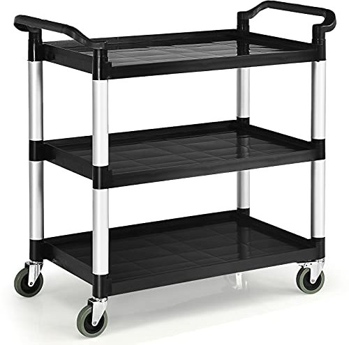 GYMAX Carrello in Plastica a 3 Ripiani, Carrello da Ristorante con 3 Ripiani, 2 Ruote con Blocco, 2 Maniglie Ergonomiche, Multiuso per Cucina, Magazzino, Ufficio, Garage, 103 x 49 x 98 cm