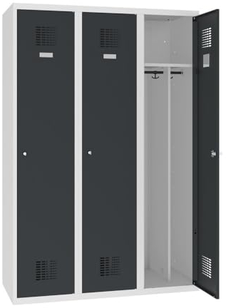 Steinbock Spind bodenstehend | 3 Abteile mit Mitteltrennwand | HxBxT 180 x 120 x 50 cm | abschließbar | Zylinderschloss | Anthrazit | Metallspind inkl. Hutablage, Kleiderstange, Namensschild