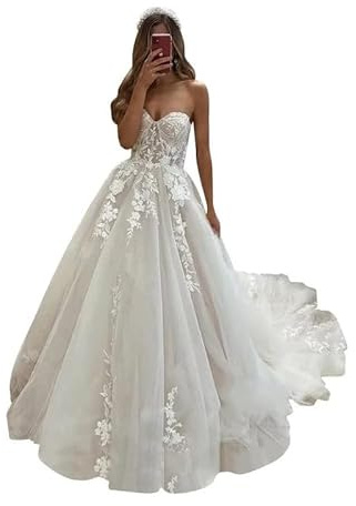 SEVENYXX Abito da Sposa Lungo delle Donne Sweetheart Pizzo Abiti da Sposa Registro Ufficio di Moda Sposa Principessa Abiti da Sposa, Avorio, 32