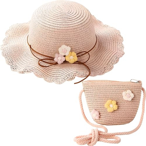 YANJIY 2 Pezzi Cappello da Sole per Ragazze e Borsa di Paglia, Cappello da Spiaggia in Paglia Decorato con Fiori, Visiera Cappello Bambina Traspirante, per Accessori da Viaggio All'Aperto (Rosa)