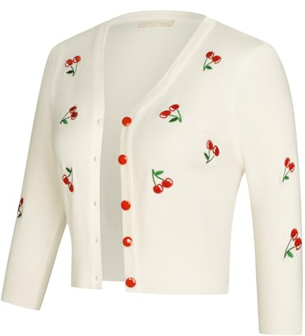 Belle Poque Women's Vintage 50s Cherries Embroidery Cardigan Sweater V-Neck 3/4 Sleeve Cropped Sweater Coat GF609