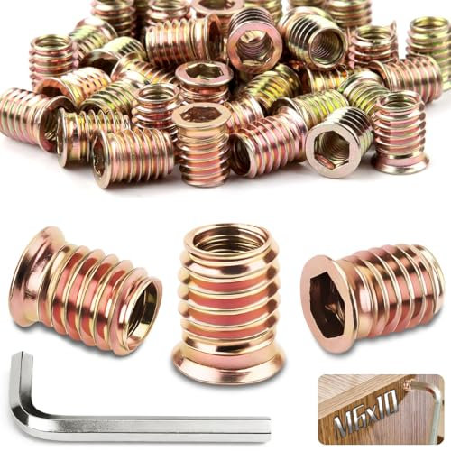 TXXATX 120 Pièces Insert Bois M6x10mm Insert Fileté Bois Insert M6 Bois avec Clés Allen Insert Hexagonal M6 pour Meubles en Contreplaqué Composite en Pin