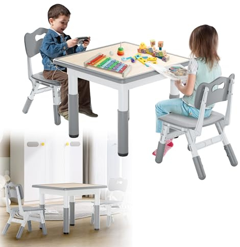 HENGMEI Barnbord, set med 2 stolar, plast, skrivbord, spelbord, barnrum, möbler, justerbar höjd, barnbord, stolset, sittgrupp inomhus för småbarn, flickor och pojkar, grå (60 x 60 cm)