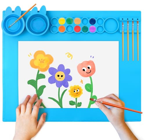 NVGVUP Silikon Malmatte, 50 x 40 CM Silikon Bastelmatte mit 2 Becher, Malunterlage für Kinder, Abwaschbar Antihaft, für Malen, Crafting, Schöpfung Ton und DIY Basteln(Blau)