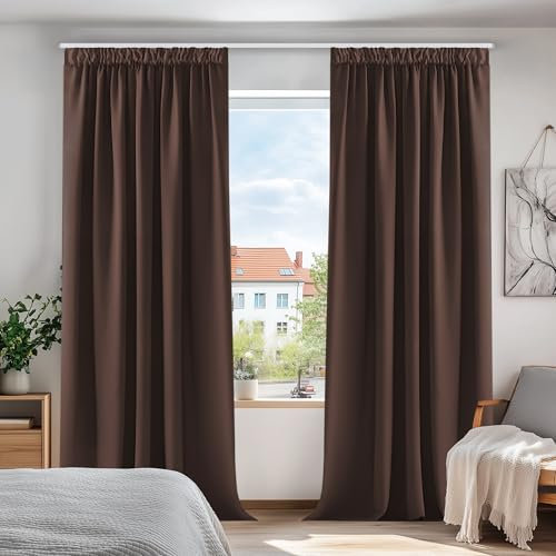 Deconovo Vorhang mit Kräuselband Gardinen Verdunklungsvorhänge Schlafzimmer Thermogardine Vorhänge Kälteschutz, 180x140 cm(HöhexBreite), Dunkelbraun, 2er Set