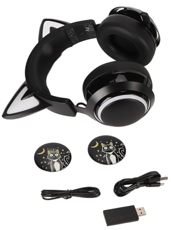 flexman Casque d'Écoute à Oreilles de Chat, 7 Lumières RVB, Casque sans Fil Bluetooth avec Micro Rétractable Rotatif à 120 Degrés, Son Surround 3D sur L'Oreille pour Filles (Black)