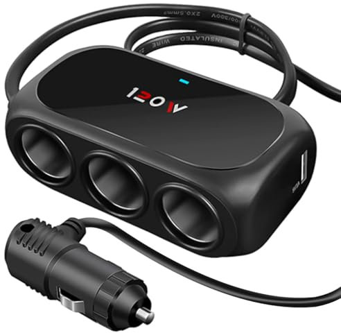 5 in 1 Car Cigarette Lighter Splitter, 3 Sockets Dual USB Car Charger Adapter, 120W 12/24V Power Outlet Splitter for Phones Tablet Vehicle Devices Camera Dash Cam GPS (Black)