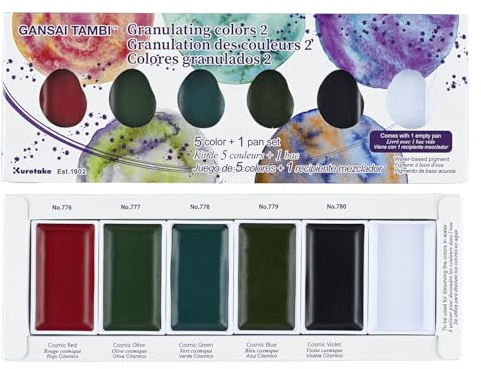 Kuretake Gansai Tambi Granulating Colors II 5 färger akvarellfärg set 5 färger med 1 tom panna, professionell kvalitet för konstnärer och hantverkare, giftfri, tillverkad i Japan