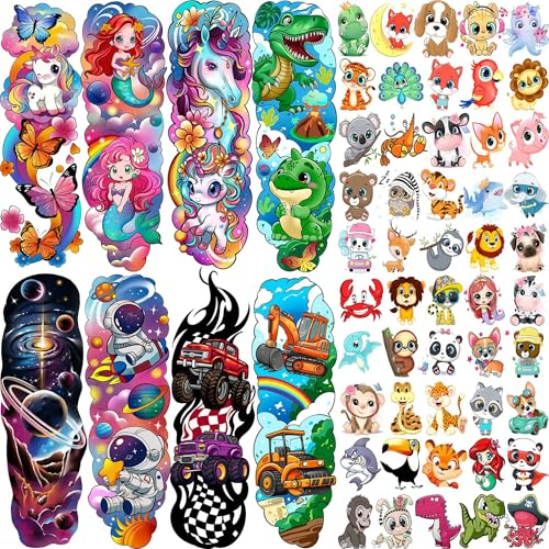 58 tatuaggi temporanei a forma di unicorno a forma di sirena per bambini, tatuaggi adesivi per bambini, dinosauri spaziali mostri truck farfalla viso finto tatuaggio adesivi sacchetti regalo Festival