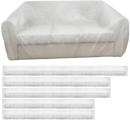 5 Pcs Disposable Furniture Dust Covers with Elastic, Plastic Dust Cover for Sofa Chair Dining Table TV Stand, Extra Large Clear Couch Bed Protector Covers for Moving and Storage, 3 Sizes (1XL 2L 2M)