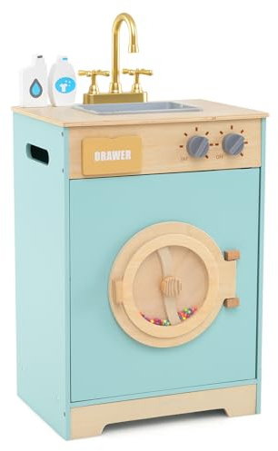 GOPLUS Cocina de Juguete para Niños, Juguete de Lavadora con Detergente para Ropa y Desinfectante de Manos, Puerta Giratoria Realista, Cocinita Infantil de Imitación para Niños de 3+ Años, Azul