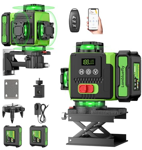 Lambluefly Laser Level, Laser Levels Self Leveling with 2x5000mAh Batteries and LED Display, 4x360 Lazer Level Tool with Tool Box,16 Green Lines/APP/Remote Control/Pulse Mode/IP54