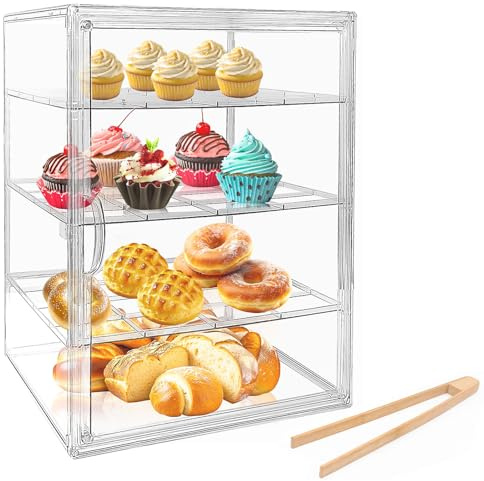 Paneras para Guardar el Pan Transparente, Bread Box de 4 Niveles Ajustables, con Puerta Magnética, Material Pet, con Pinzas de Bambú, para Guardar Donuts, Pan y Pasteles