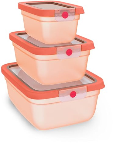 EMSA oneClick, recipiente para almacenar alimentos, un clic, abrir y cerrar sin esfuerzo, 2 veces más frescos, 100% hermético, apilables, set de 3 piezas naranja, 1x 0,75L, 1x 1,50L, 1x 3,0L, N1231400