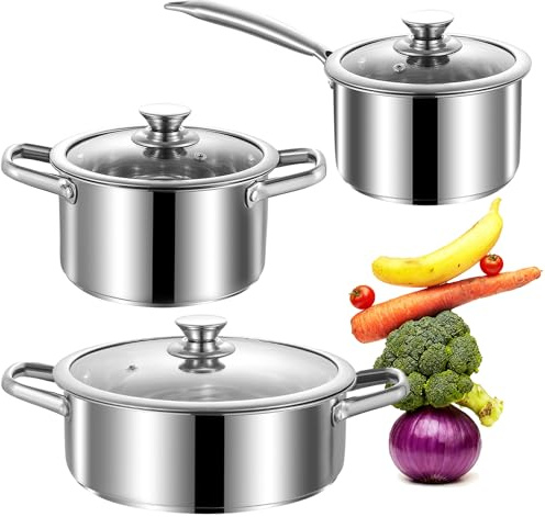 SHEUMNT Ensemble de Casseroles et Poêles en Acier Inoxydable, 6 Pièces, Set de Batterie de Cuisine Antiadhésif Compatible Induction/Électrique et Gaz, Antiadhésif, Sûr au Four et Lave-vaisselle