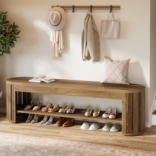 Tribesigns 63 Wooden Entryway Bench with Shoe Storage, Long 2-Tier Narrow Shoe Bench with Arc Vertical Slat Splicing Legs, End of Bed Stool for Bedroom, Entrance, Living Room (Brown)