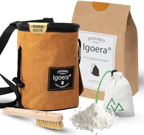 IGOERA Boulder-tillbehörsset med chalkbag i brun, borste och chalkboll – magnesiapåse med fleecefoder Boulder-borste med vildsvinborst och bomullsboll