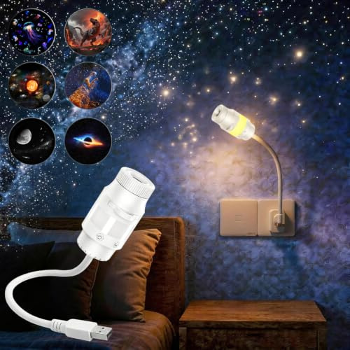 Crebeau Proyector de galaxia USB, proyector de estrellas de galaxia con 6 películas de proyección deslizantes, proyector de luz nocturna de cielo estrellado de 360° para interior de coche, techo