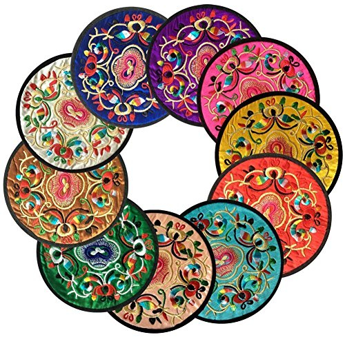 Cuteco runde Untersetzer für Getränke, Tisch-Platz-Set, mit chinesischer Stickerei, für große Gläser und Tassen, Tee, Kaffee, braun, 6 pcs
