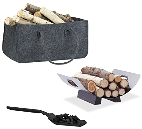 Relaxdays Set da 3 Accessori per Caminetto, Cesto Portalegnao Rivista, Sacco Portalegna in Feltro, Paletta Nera Rccogli Cenere