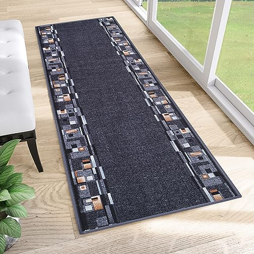 TAPISO Anti Rutsch Teppich Läufer rutschfest Brücke Meterware Modern Blau Dunkelgrau Braun Vierecke Design Flur Küche Wohnzimmer 67 x 170 cm