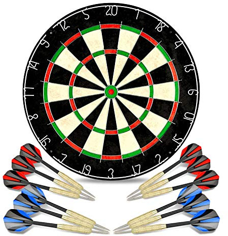 LinkVisions Sisal/Bristle Dartboard with Staple-Free Bullseye and 12 Steeltip Darts Plus Strong Aluminium Shaft, 17.8 1.5, Moundting Kits Included
