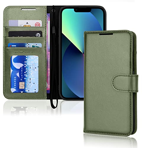 TECHGEAR iPhone 13 mini läderplånboksfodral, flip skydd med plånbok korthållare, stativ och handledsrem – grönt PU-läder med magnetisk stängning