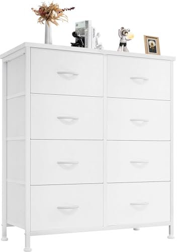 DUMOS Kommode für Schlafzimmer mit 8 Stoffschubladen, hohe Kommode Organizer für Kleidung, Schrank Kinderzimmer, Aufbewahrungsturm mit Schrank, Metallrahmen, Holzplatte, leichte Kinderzimmermöbel