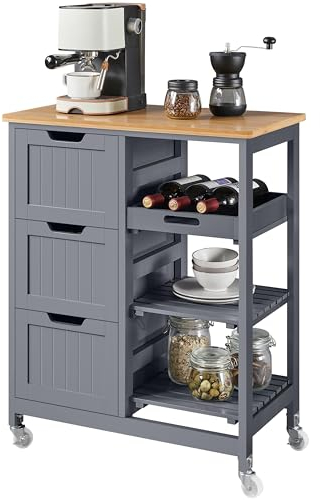 Yaheetech Bewegliche Kücheninseln Küchenwagen mit 3 Schubladen & 3 Ablagefächer Servierwagen auf Rollen mit Bremsen Rollwagen 67 cm L × 37 cm B × 84,5 cm H Dunkelgrau