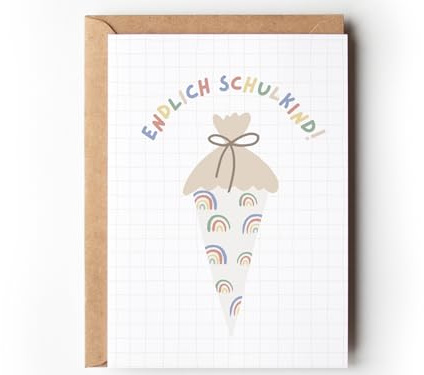 Carte de vœux pour la rentrée des classes, cornet d'école, arc-en-ciel, carte de vœux bohème, pour la rentrée scolaire, enfin, pour garçon, sac de sucre, rentrée scolaire avec enveloppe (1 carte avec