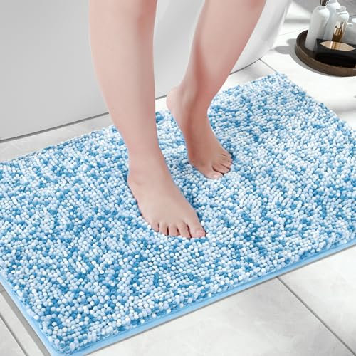 Yimobra Rutschfester Chenille Badezimmerteppich Flauschig und luxuriös Extra weiche, wasserabsorbierende Plüschmatte für Boden und Waschbecken Maschinenwaschbar, Blau & Hellblau, 45 x 71 cm