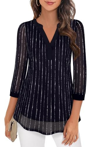 Flikity 3/4 Sleeve Tops for Women UK,Blouses for Women UK Ladies Tops Dressy Tunic Tops to Wear with Leggings Fall Work Professional Dress Shirts Business Attire Office Clothes Black White L