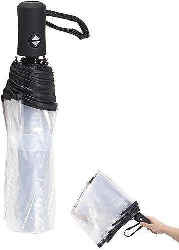 Laluky Auto Open Close Transparent Folding Umbrella - Collapsible See Through Windproof Compact Travel Umbrella, Lightweight Portable Clear Canopy for Rain, Men and Women (Black)