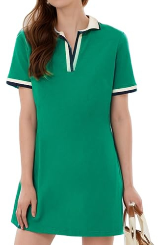 Kissonic Polo Dresses for Women Short Sleeve Tennis Golf Dress V Neck Summer Casual Dress with Pocket(Green-XL)