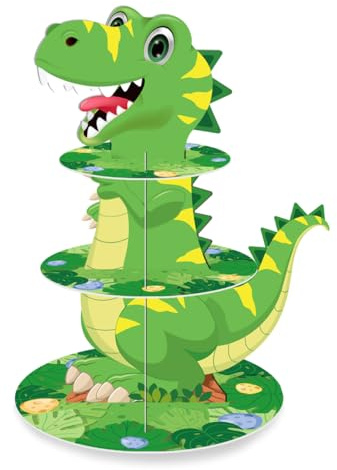 Fuwraixis Soporte para tartas 3 pisos Dinosaurio,Bandeja para tarta Brontosaurus,Decoración Jurásica para Magdalenas,Decoración de Fiesta de Cumpleaños,Productos para fiestas infantiles