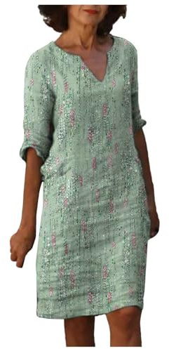 Ladies Summer Midi Dresses with Sleeves Linen Casual Holiday Shfit Dresses for Women UK V Neck A-line Dress Sundress Solid Elegant Dress Green M