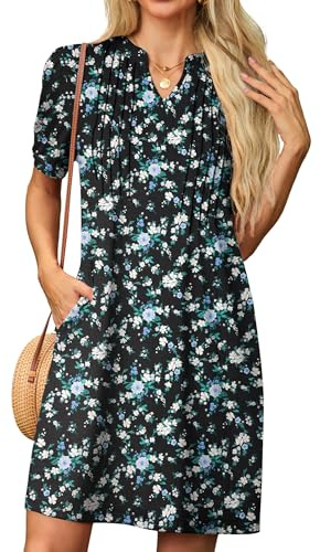 GRECERELLE Abito estivo casual da donna, a manica corta con scollo a V, vestito dritto per donne e signore, abito in stile t-shirt con tasche, L
