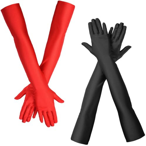KUMSODE 2 par handskar långa svarta satinhandskar aftonhandskar operahandskar armbågshandskar (svart, röd)