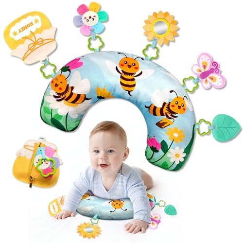 BOHEMIABY - Almohada para bebé para el tiempo del abdomen, suave de abeja para recién nacidos, juguetes sensoriales para bebés, tiempo de barriga con espejo de seguridad, flores coloridas, bolsillo