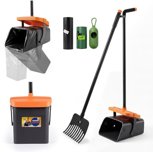Skylos Dog Pooper Scooper with Swivel Bin & Rake, 46 Long Handle Poop Scoop for Dogs, Pooper Scooper with Bag Attachment & 35 Waste Bags, Outdoor Dog Waste Bin for Garden, Lawn & Walks
