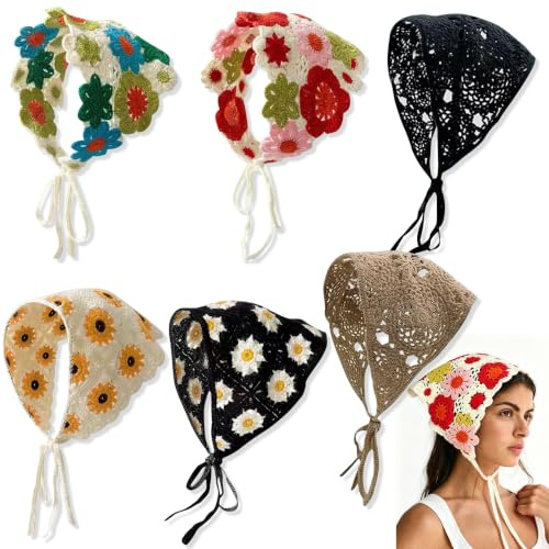 YinnFeen 6 Pièces Foulards Triangulaires, Boho Foulards au Crochet Bandana Vintage en Crochet, Bandeau Floral au Crochet Foulard à Motifs Floraux pour Coiffures d'Été en Voyage et Fête