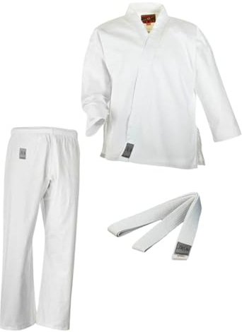 Ju-Sports Karate Anzug Bonsai Weiß 110 I Klassischer Karateanzug speziell für Kinder I Karate Kimono inkl. weißem Gürtel I Hose mit Kickzwickel & Elastikbund