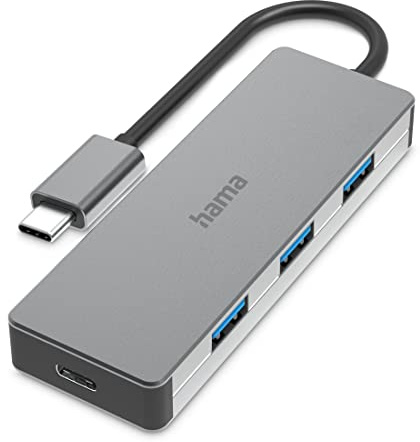 Hama USB C Hub 4 Ports (Super-Speed-Plus Datenübertragung mit bis zu 10 Gbps, 3x USB-A, 1x USB-C, USB 3.2 Gen2 Multiport Adapter, USB C Adapter 4in1 für Büro, Homeoffice und unterwegs) Alu 00200105 Grau