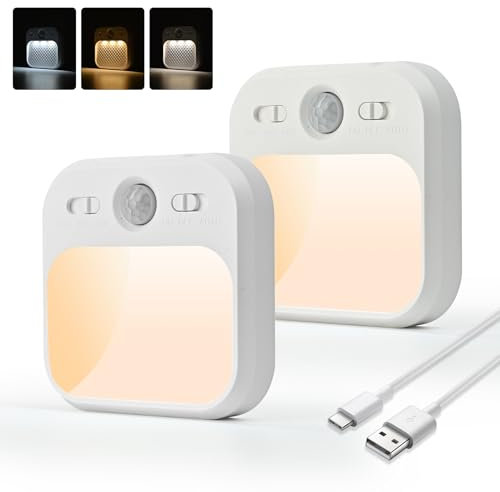 AmmToo Nachtlicht mit Bewegungsmelder - 2 Stück USB-C aufladbar LED Nachtlicht Dimmbares Helligkeit Einstellbare 3 Modi (AUTO/AUS/EIN), Warmweiß LED Nachtlampe für Kinderzimmer, Gang, Treppe, Küche