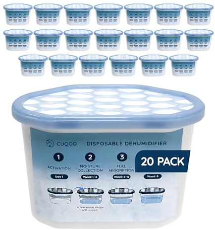 CUQOO Disposable Dehumidifier for Home 500ml, Pack of 20 Moisture Absorber Dehumidifiers for Damp, Mould, Kitchen, Wardrobe, Bedroom, Caravan, Office, Garage, Bathroom - Mini Condensation Absorbers